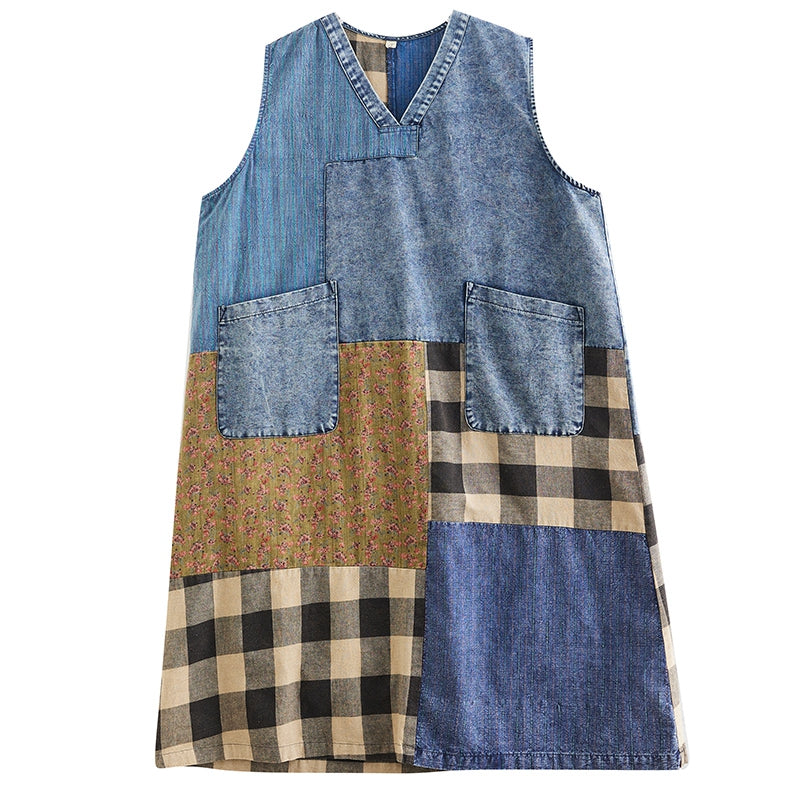 Retro Plaid Patchwork V-Neck Sleeveless Denim Midi Dress