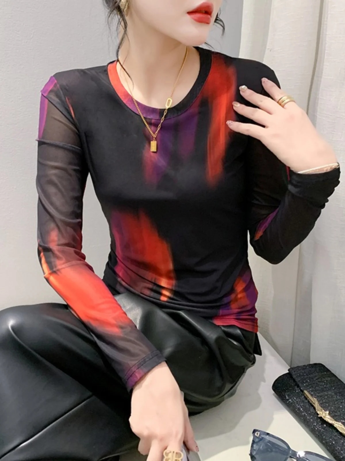 Maxct S-3XL New Vague Printing Mesh T-shirt Women's Round Neck Long Sleeve High Stretch Light Fabric Tees Tops - Image 5
