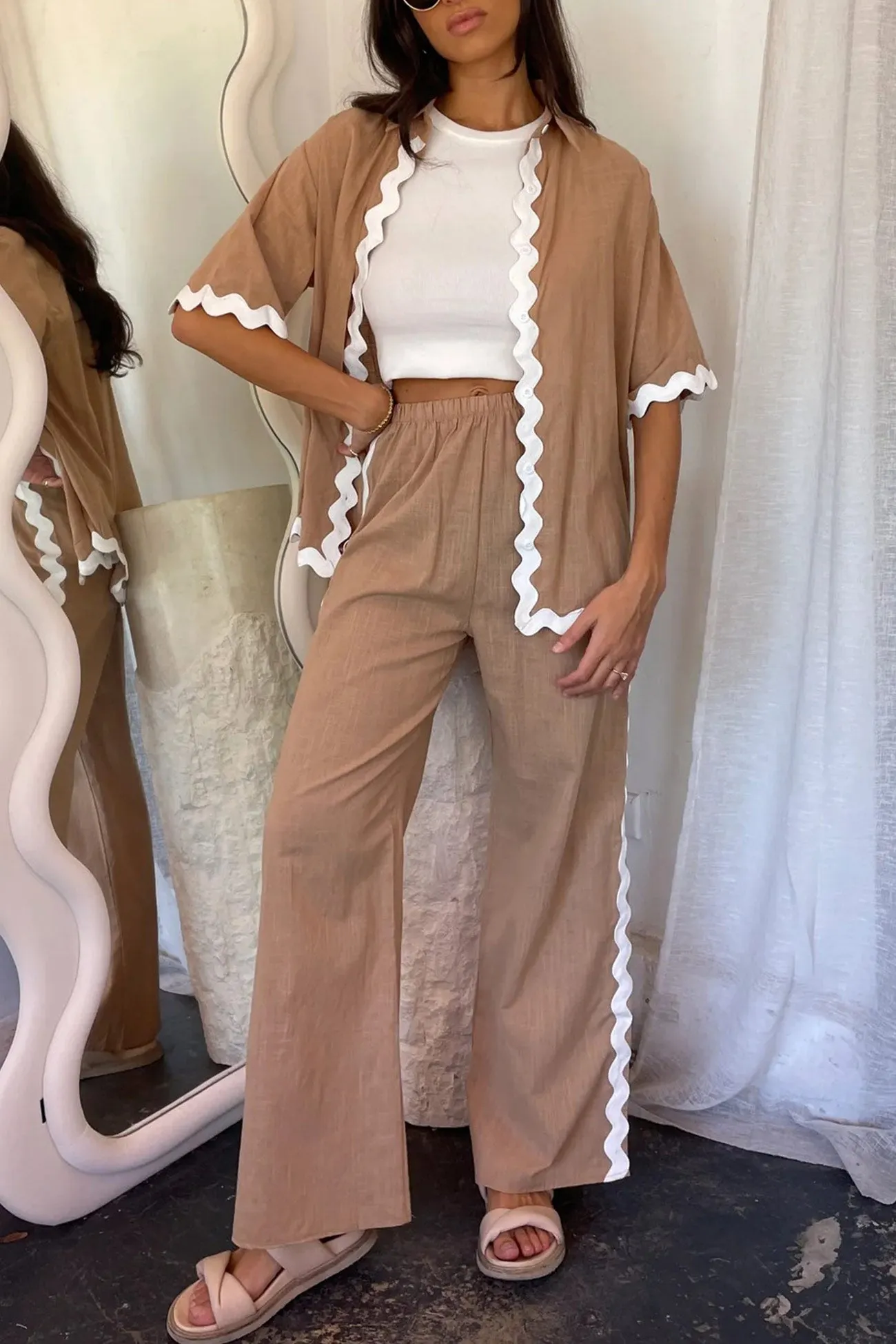 Maxct Wavy Stitching Blouse Long Pants Set