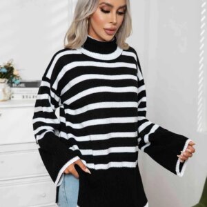 Maxct &Striped Slit Turtleneck Drop Shoulder Sweater