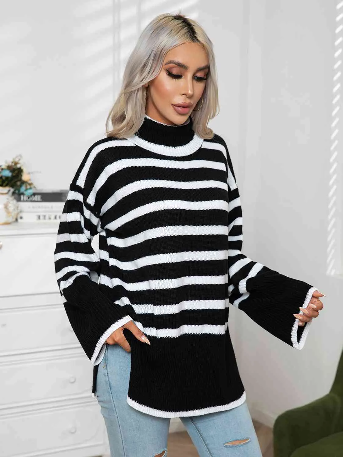 Maxct &Striped Slit Turtleneck Drop Shoulder Sweater