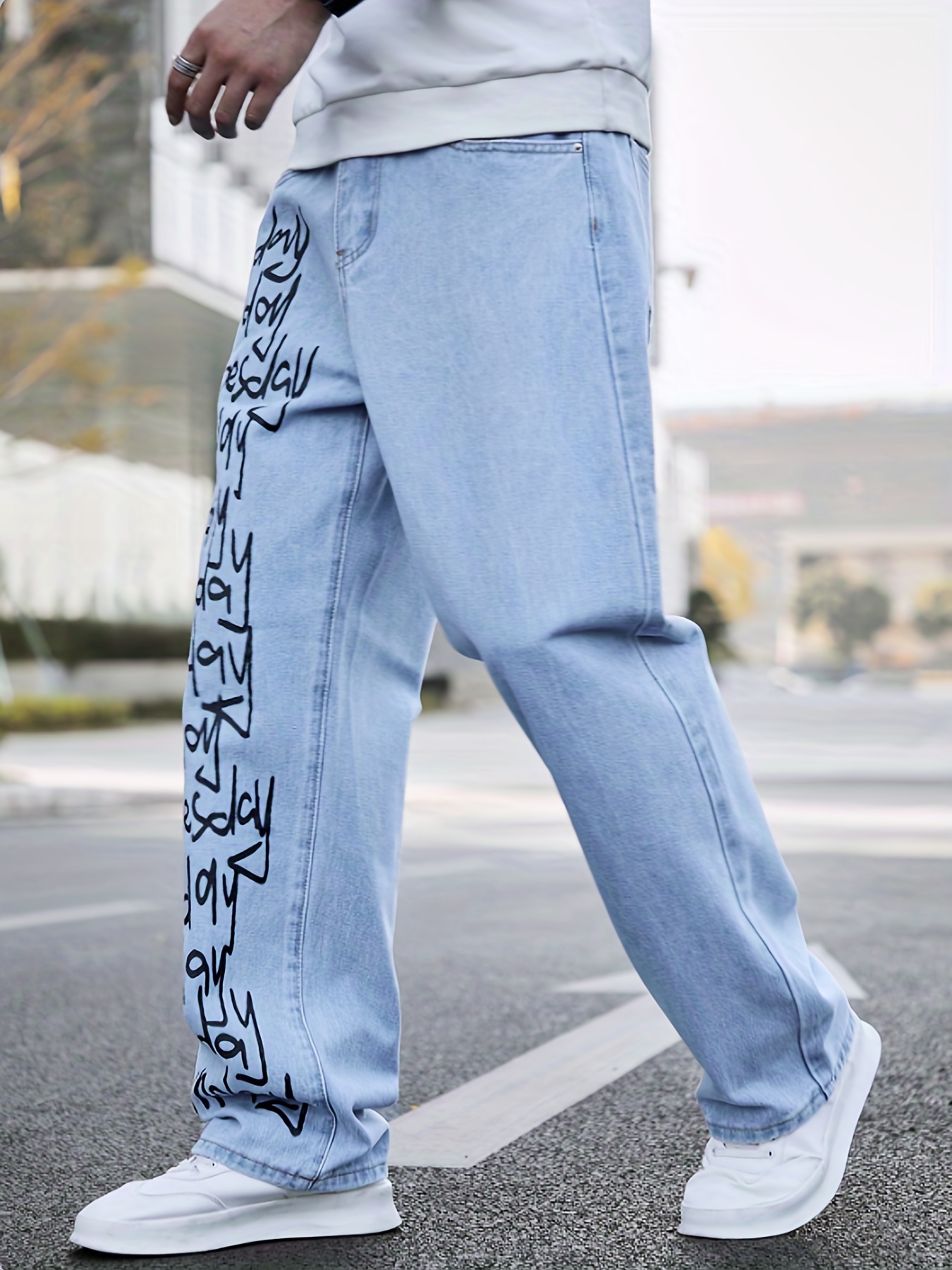 Letter Print Loose Fit Jeans, Men's Casual Street Style Wide Leg Denim Pants For All Seasons