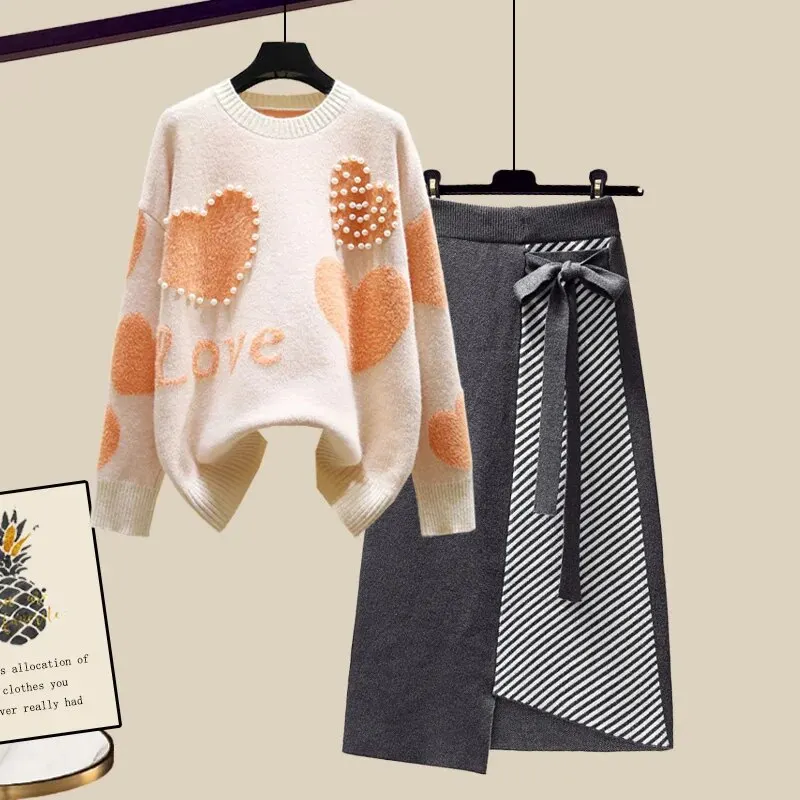 Maxct Lazy Sweater Two Piece set Women Sweet Heart-shaped beaded Pullover Jumper Top + Irregular Striped Skirt Knit 2PCS Sets