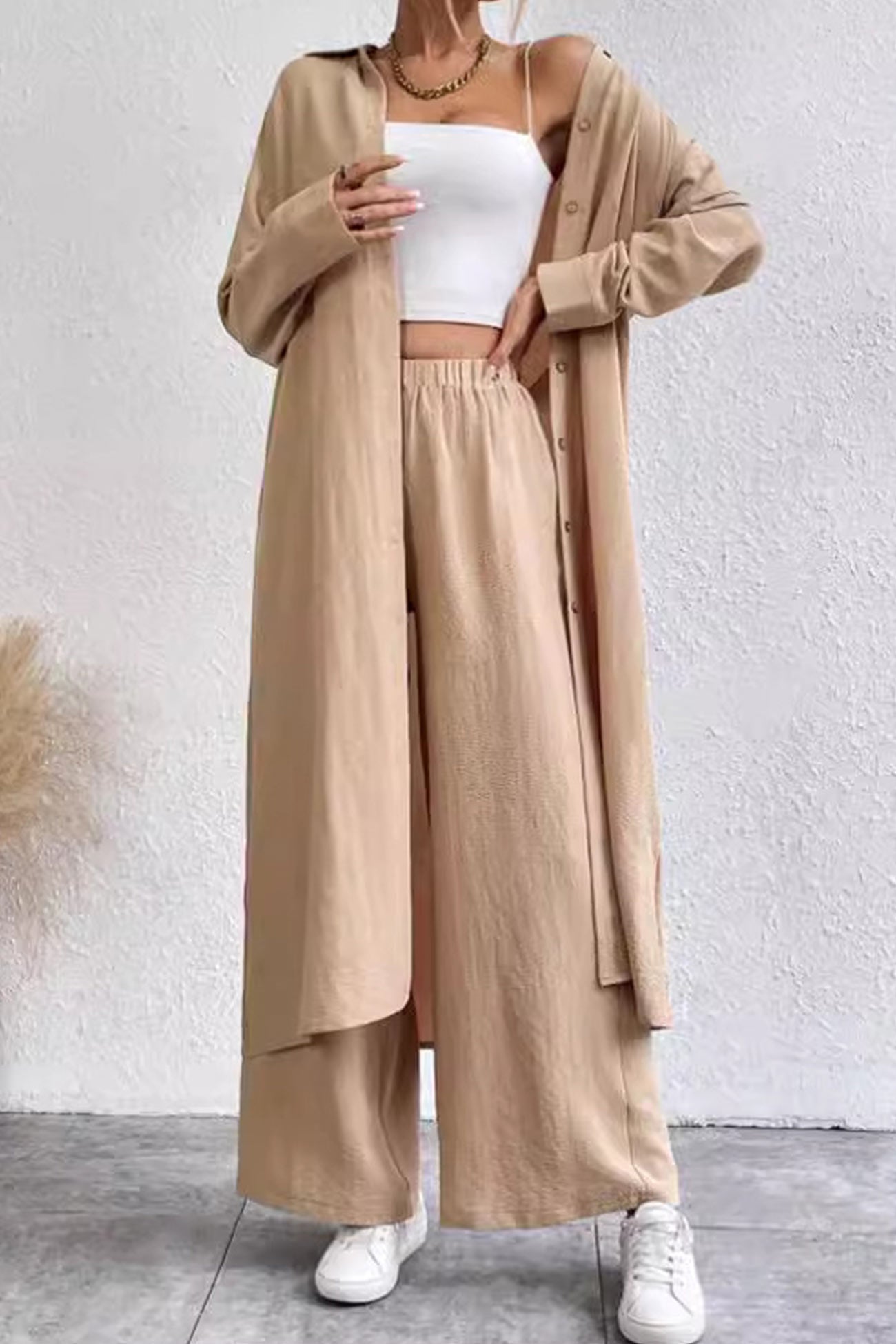 Maxct Solid Long Shirt Wide Leg Pants Set
