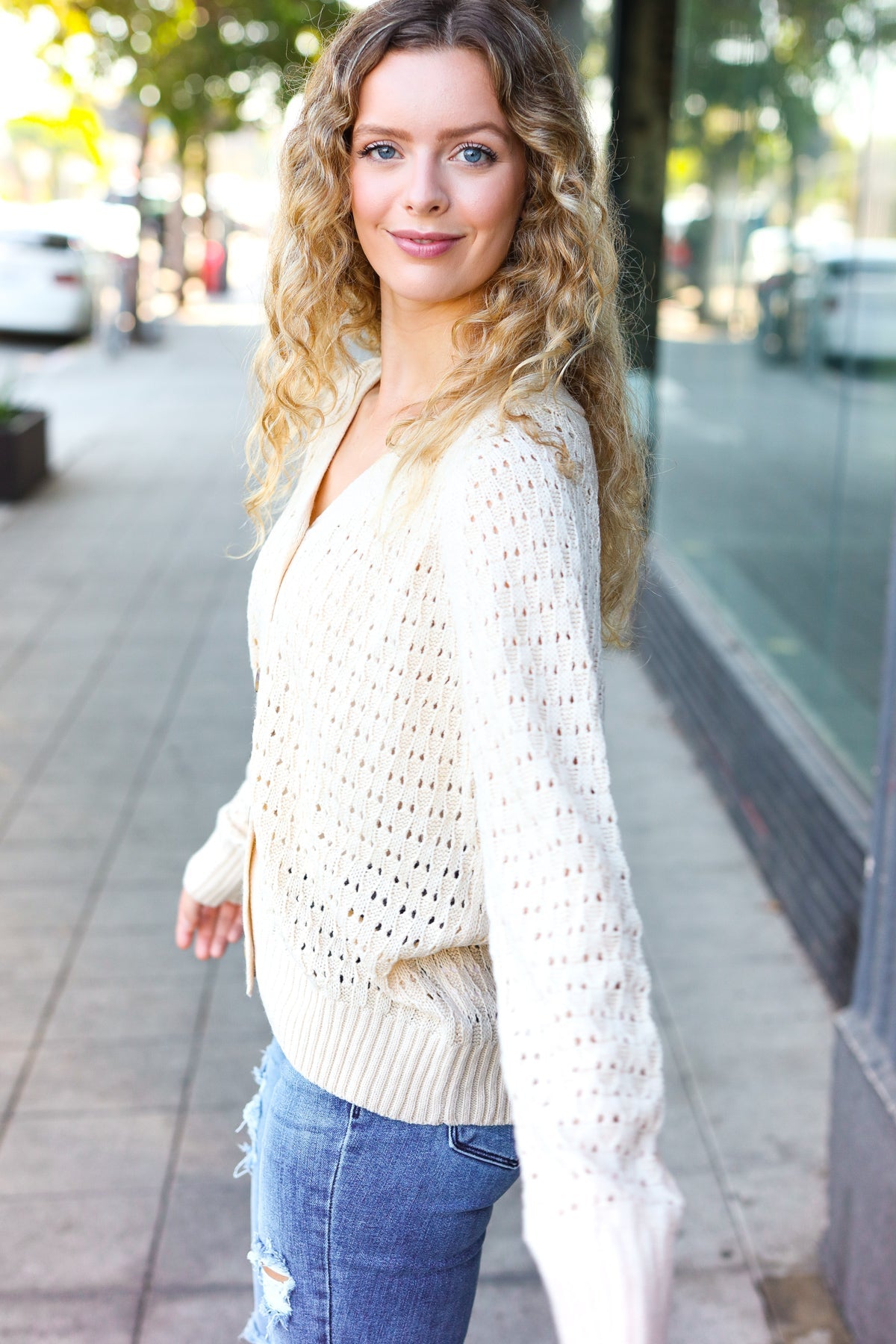Maxct &Follow Me Oatmeal Pointelle Knit Button Down Cardigan