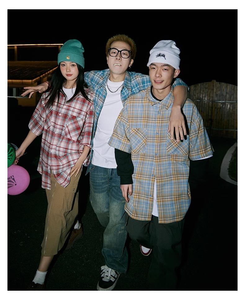Maxct 90s Streetwear Japanese Niche Plaid Short-sleeved Shirt Men's Summer New Loose Trendy Brand All-match Shirt Couple's Coat Top