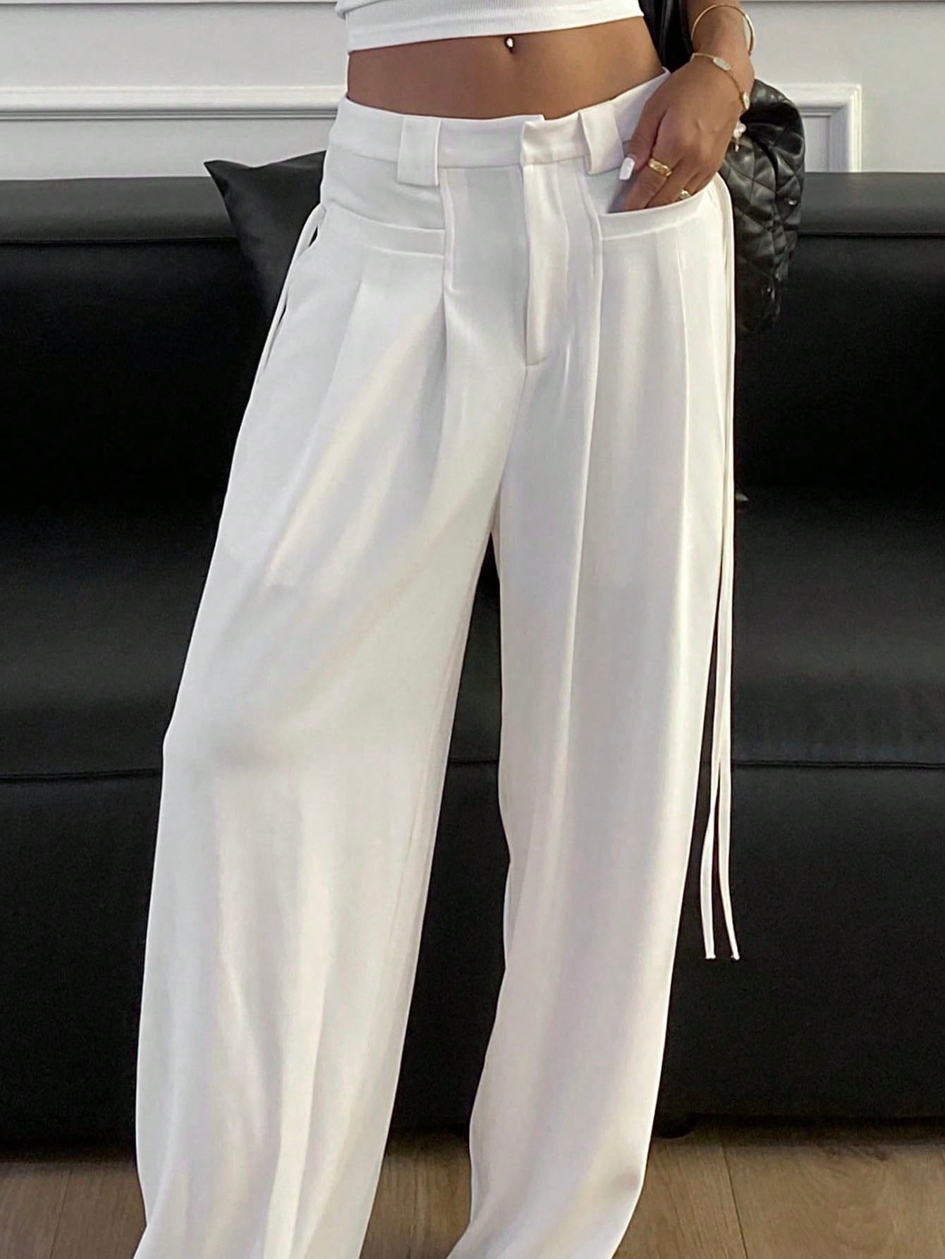 Maxct Solid Color Bow Tie Waist Wide Leg Trousers Women's Suit Pants