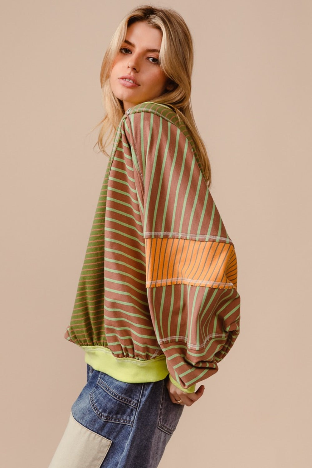 Maxct &BiBi Color Block Striped Round Neck Sweatshirt