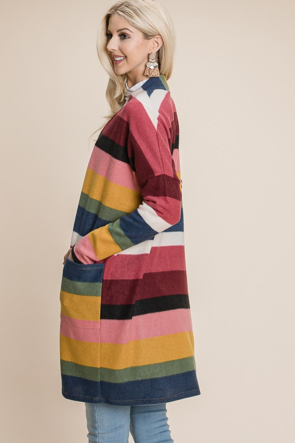 Maxct &BOMBOM Color Block Striped Open Front Cardigan