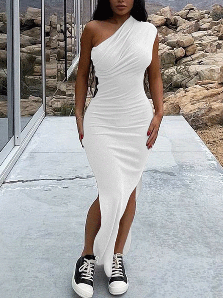 One Shoulder Ruched Bodycon Maxi Dress Maxct