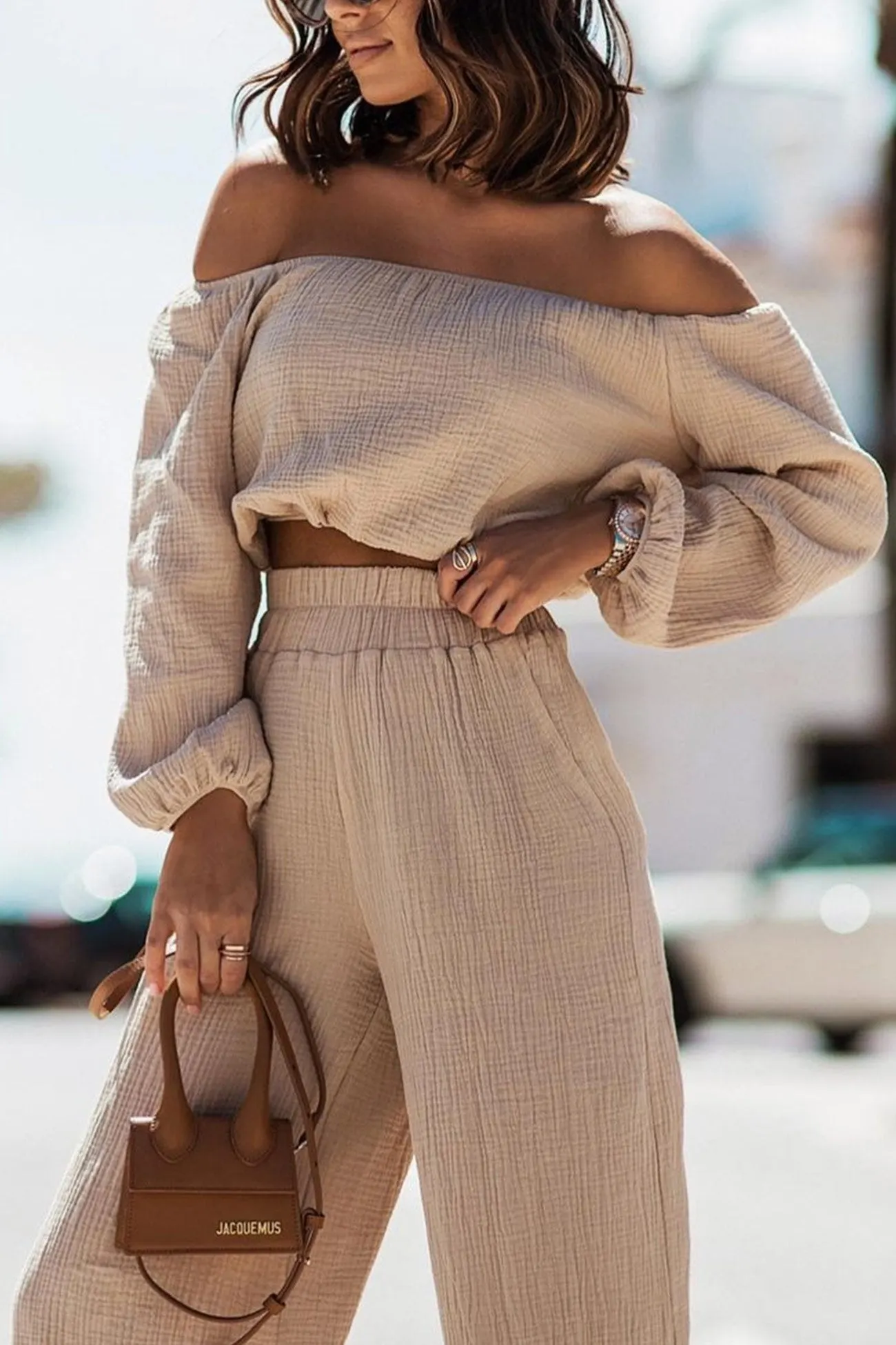 Maxct Off-shoulder Crop Top Wide Leg Long Pants Suits