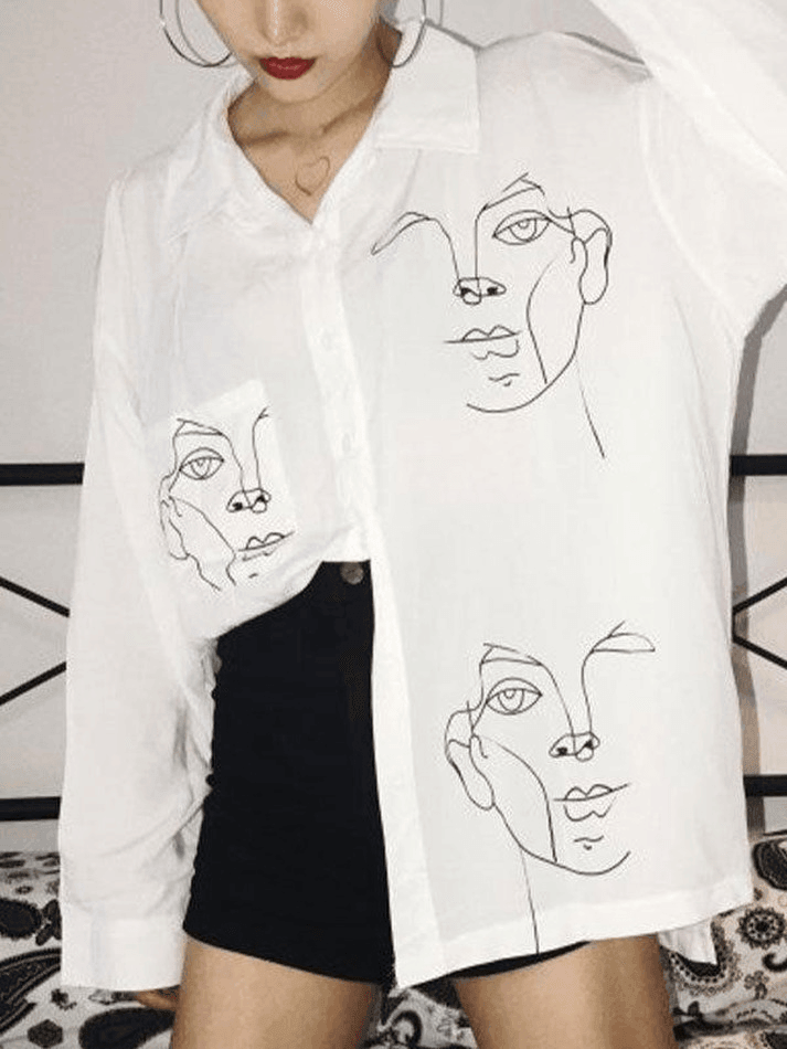 Maxct Abstract Face Print Long Sleeve Blouse