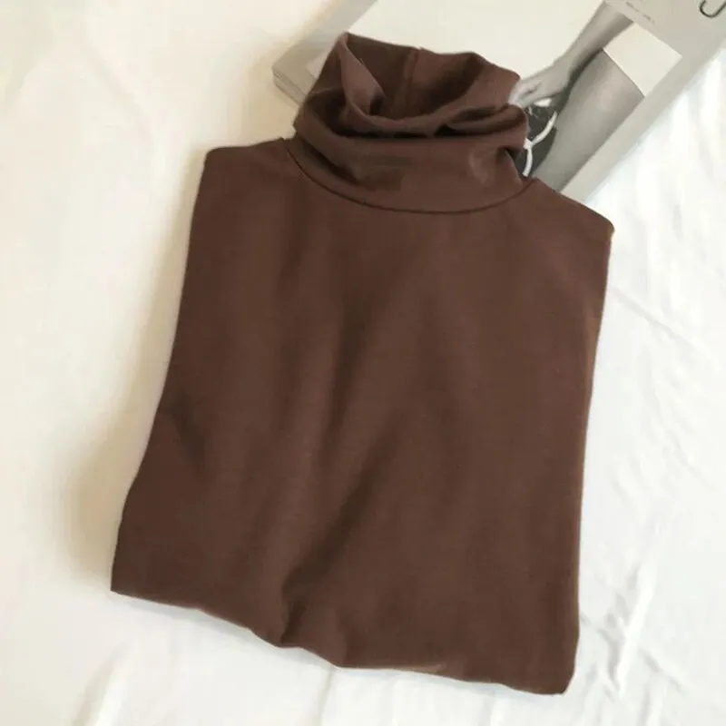 Maxct T-Shirts Women Long Sleeve Striped Solid Turtleneck Bottoming Shirt Korean Fashion All-Match Simple Loose Soft Tops New