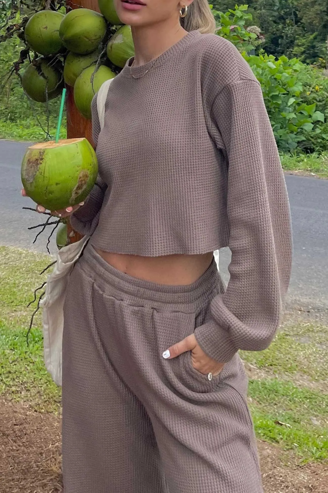 Maxct Waffle Solid Sweatshirt Long Pants Set