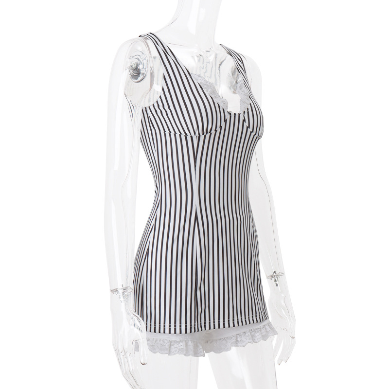 y2k 2 Piece Set Stripe Print Sleeveless Lace Trim V Neck Mini Bodycon Dress with Shorts 2000s Streetwear