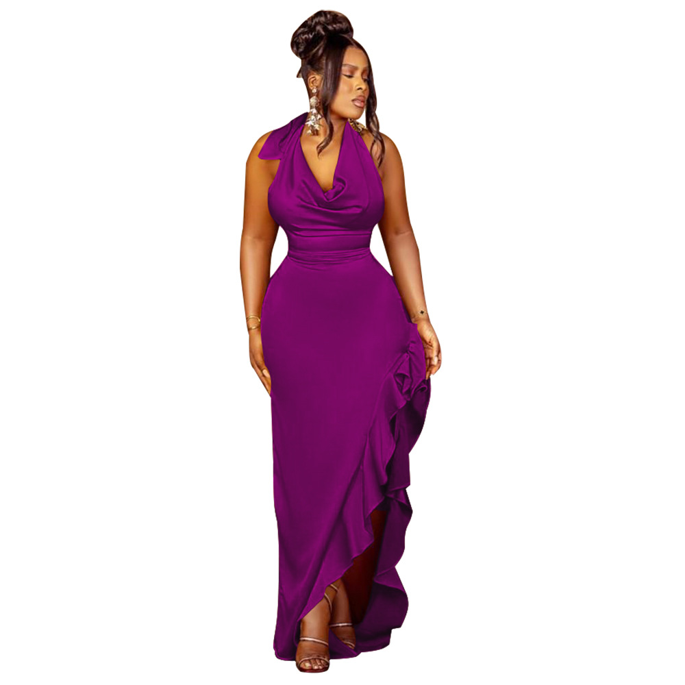 Maxct prom dresses K10440 Women's Swing Collar Halter Dress Sexy Backless Ruffles Dress - Image 5