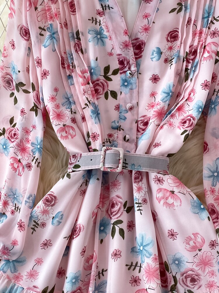 Maxct Floral Midi Dress Women Elegant V-Neck Lantern Long Sleeve High Waist Draped A-Line Casual Vestidos Female Spring Autumn
