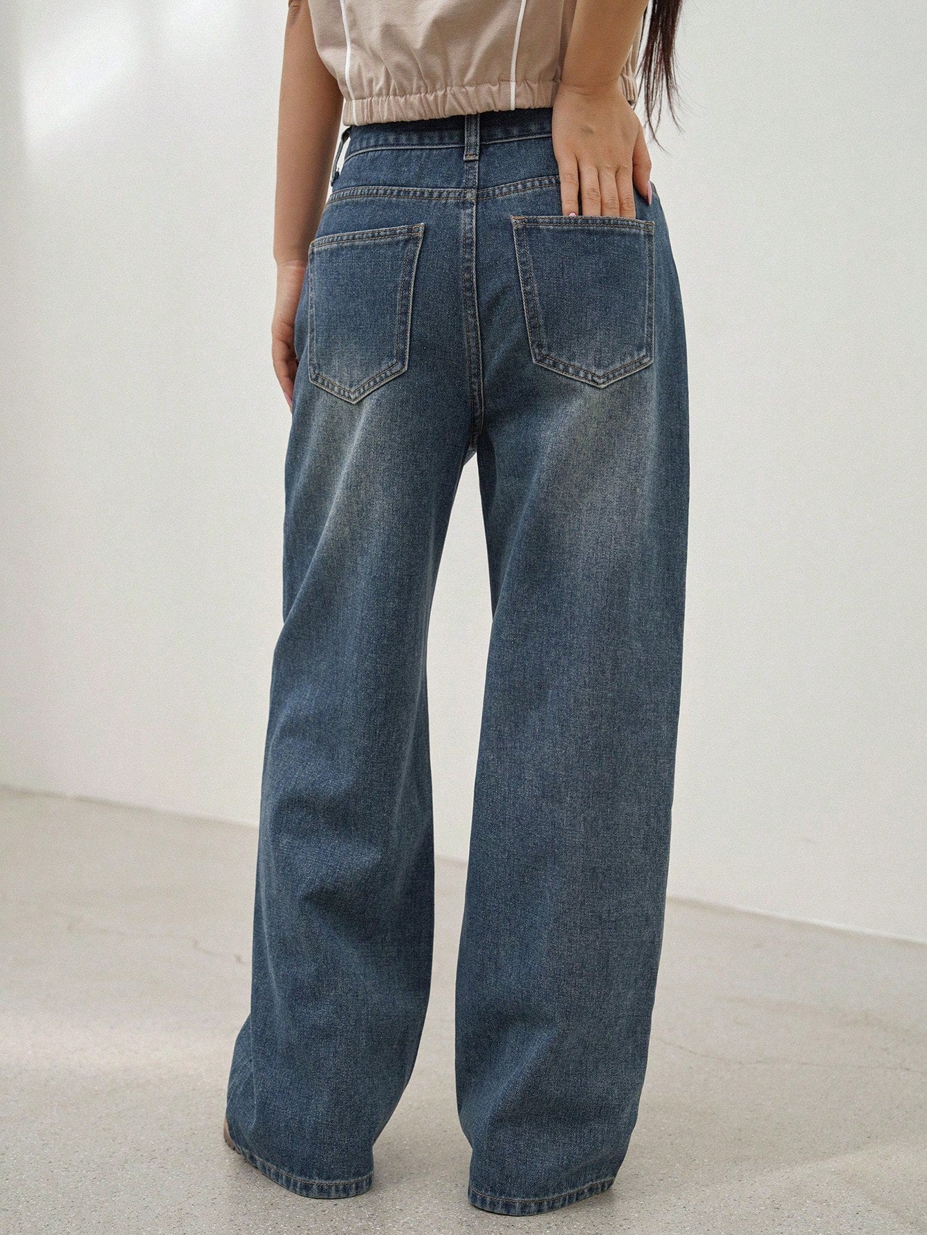 Maxct Women's Retro Washed Blue Denim Pants With Artistic Patchwork Design