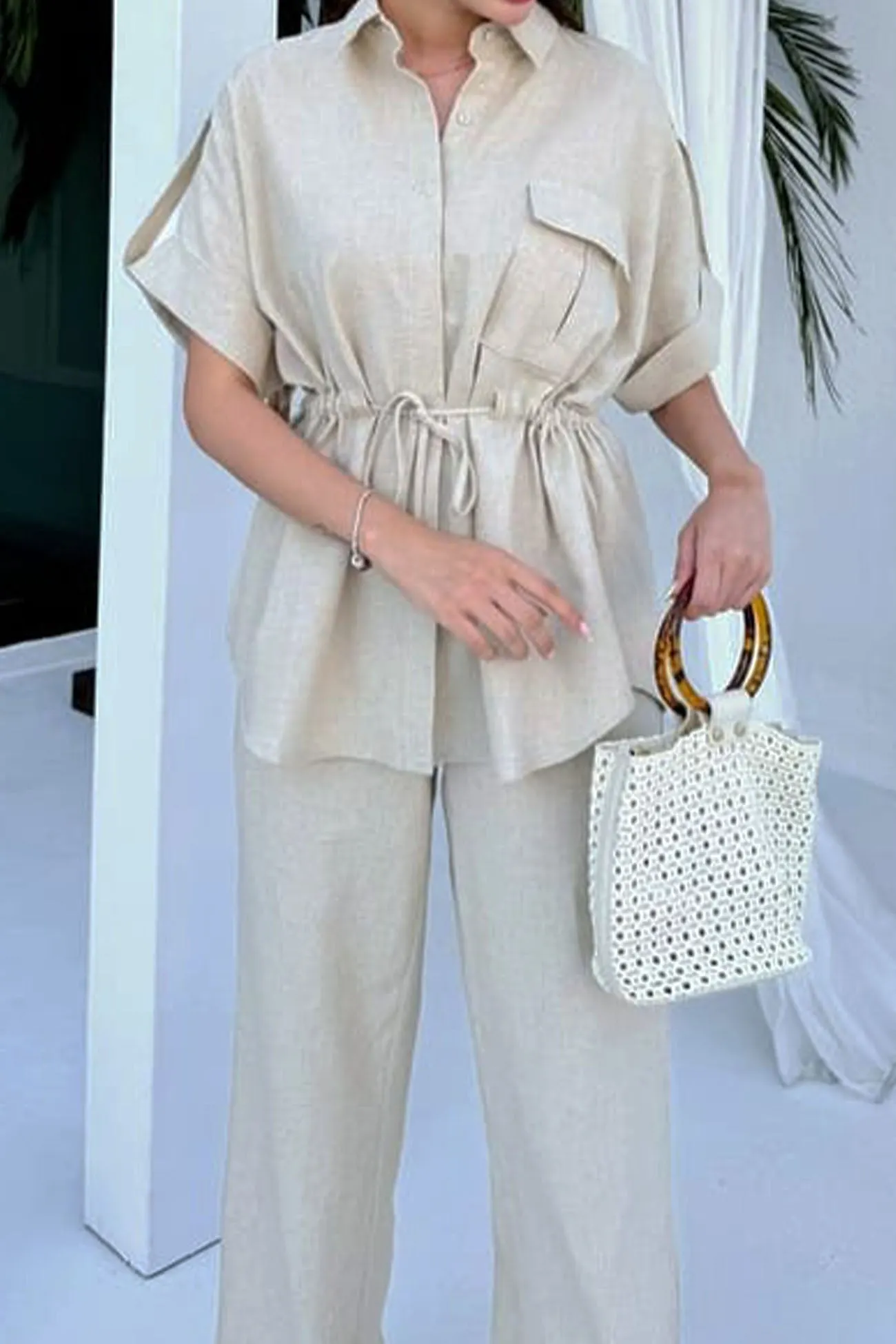 Maxct Half Sleeve Drawstring Shirt Long Pants Two-Piece Set