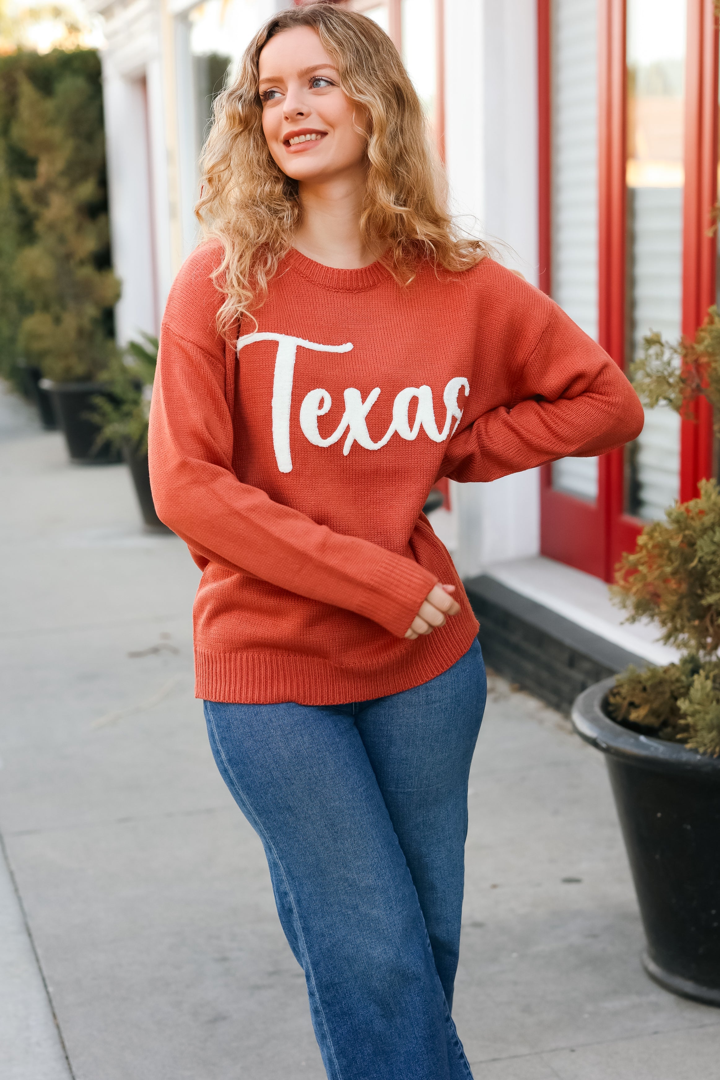 Maxct &Game Day Burnt Orange "Texas" Embroidery Pop Up Sweater