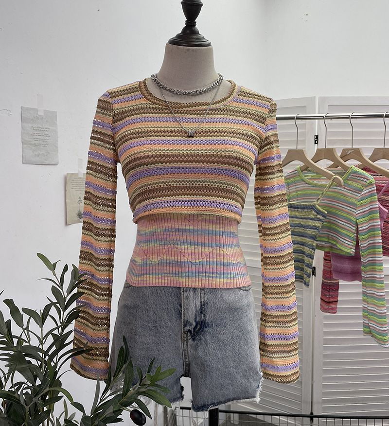 Maxct outfit inspo fall American Hot Girl Contrast Color Striped Stitching Short Navel Blouse + Slim Camisole Two-Piece Set 8869