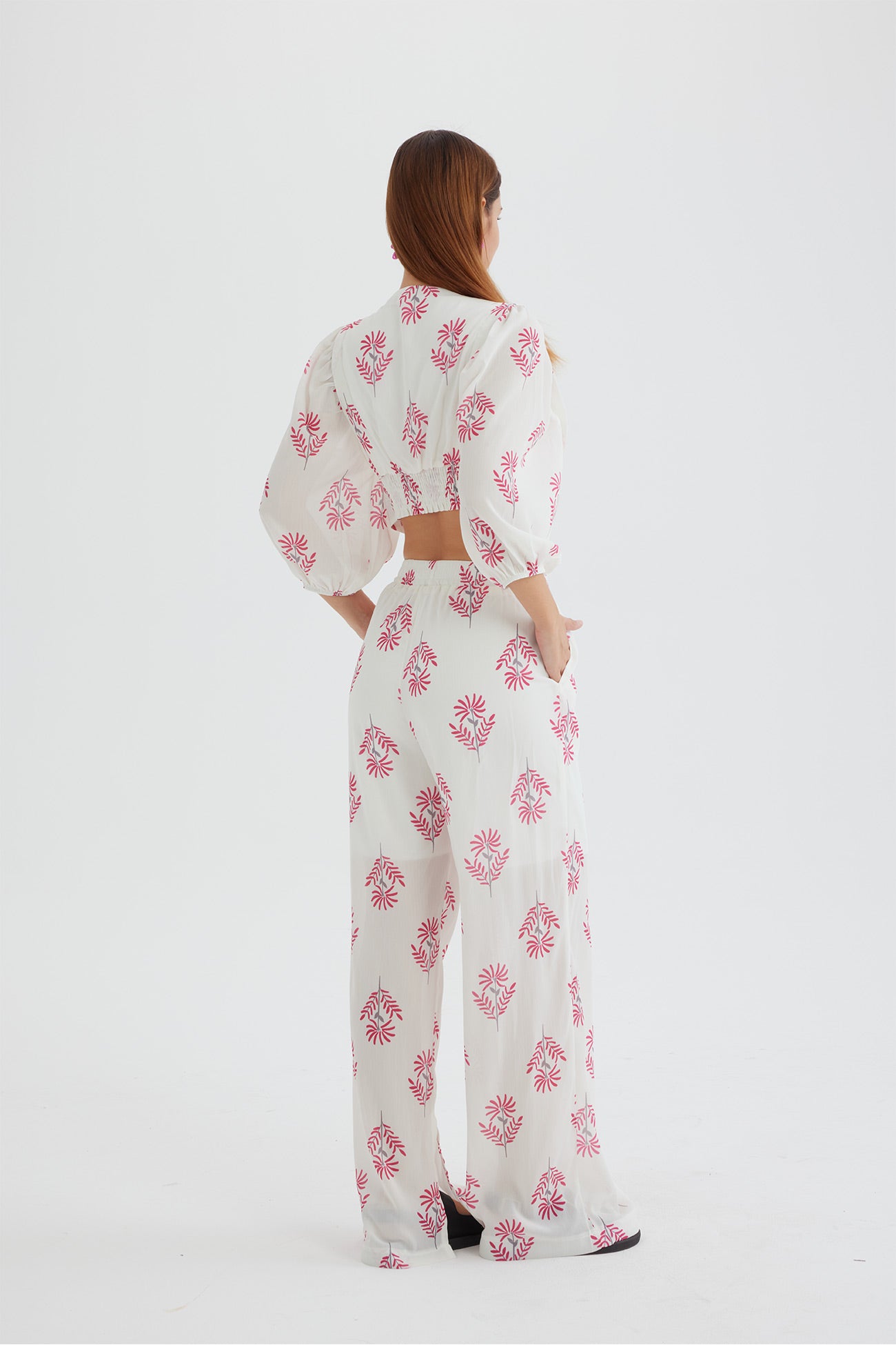 Maxct Floral Print Puff Sleeve Knotted-front Tops Long Pants Suits