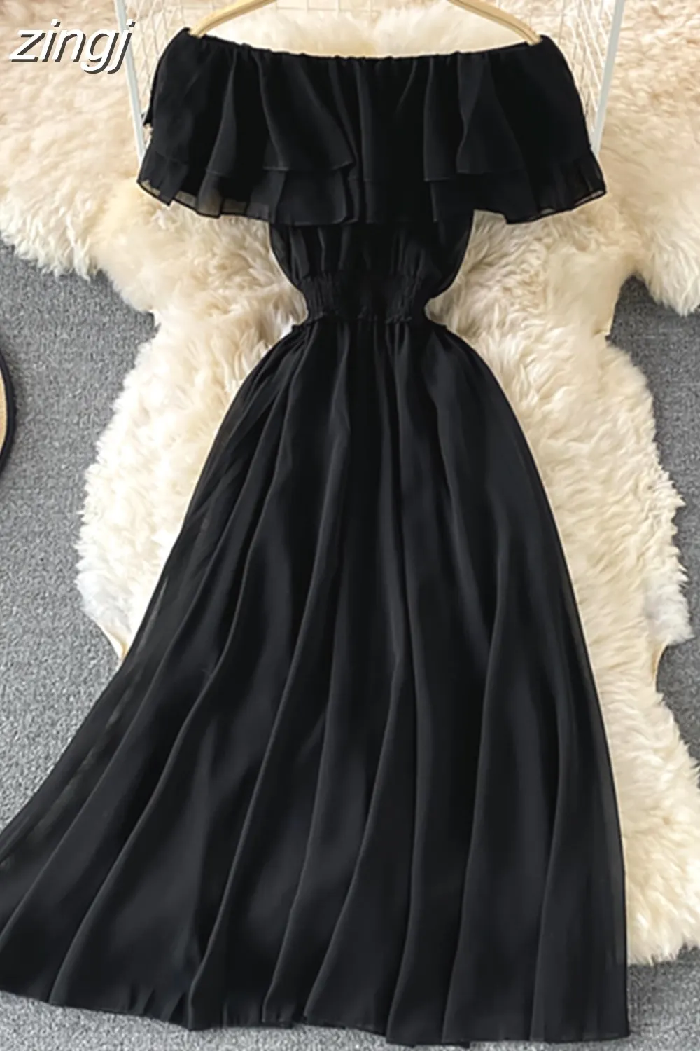 Maxct Chiffon Dress Women Sexy Slash Neck Ruffle Robe Elegant Ruffle High Waist Vestidos Female Beach Vacation New