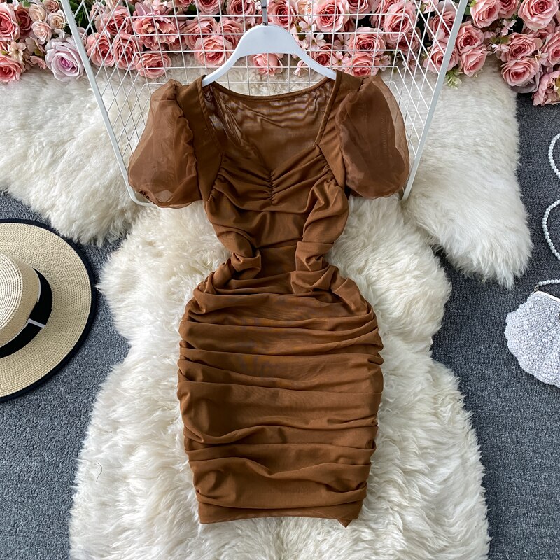 Sexy Mesh Draped Bodycon Dress Women Elegant Square Collar Short Puff Sleeve Pleated Vestidos Female Summer