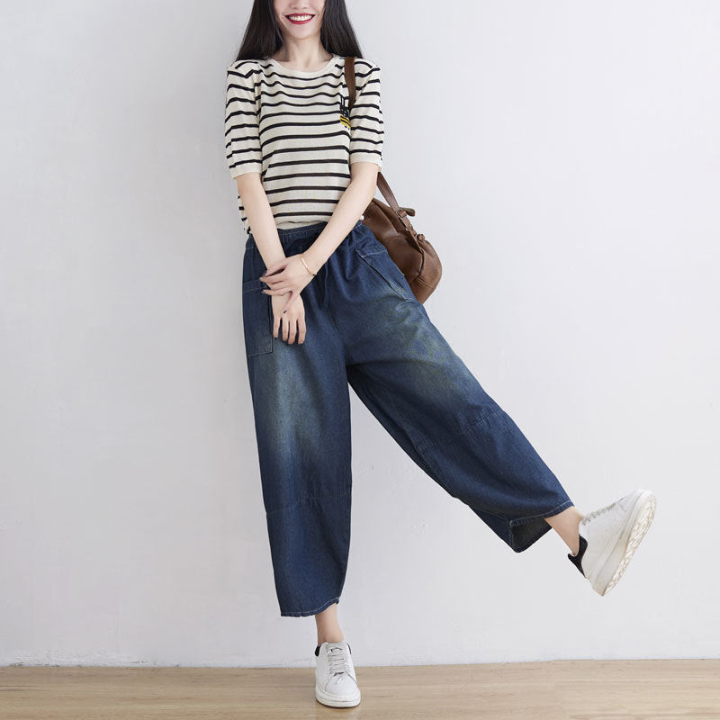 Women Spring Summer Retro Loose Denim Pants