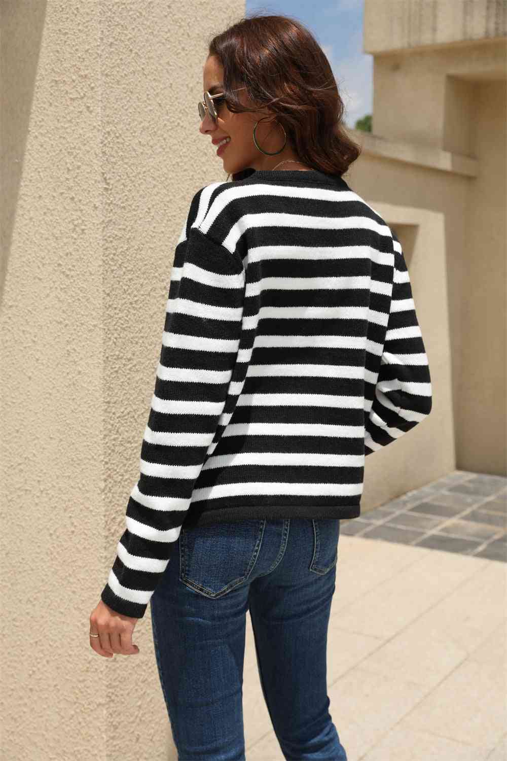 Maxct &Striped Round Neck Button-Down Dropped Shoulder Cardigan