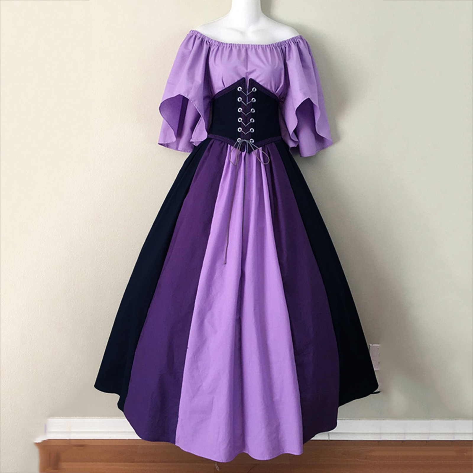 Maxct costume ideas Medieval Retro Contrast Color Slim Dress Flying Sleeve Large Swing Skirt off-Shoulder Dress Women's Cos Clothing Performance
