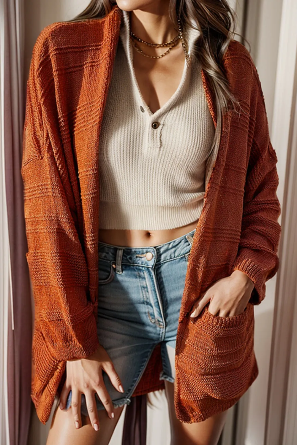 Maxct &Open Front Textured Cardigan with Pockets