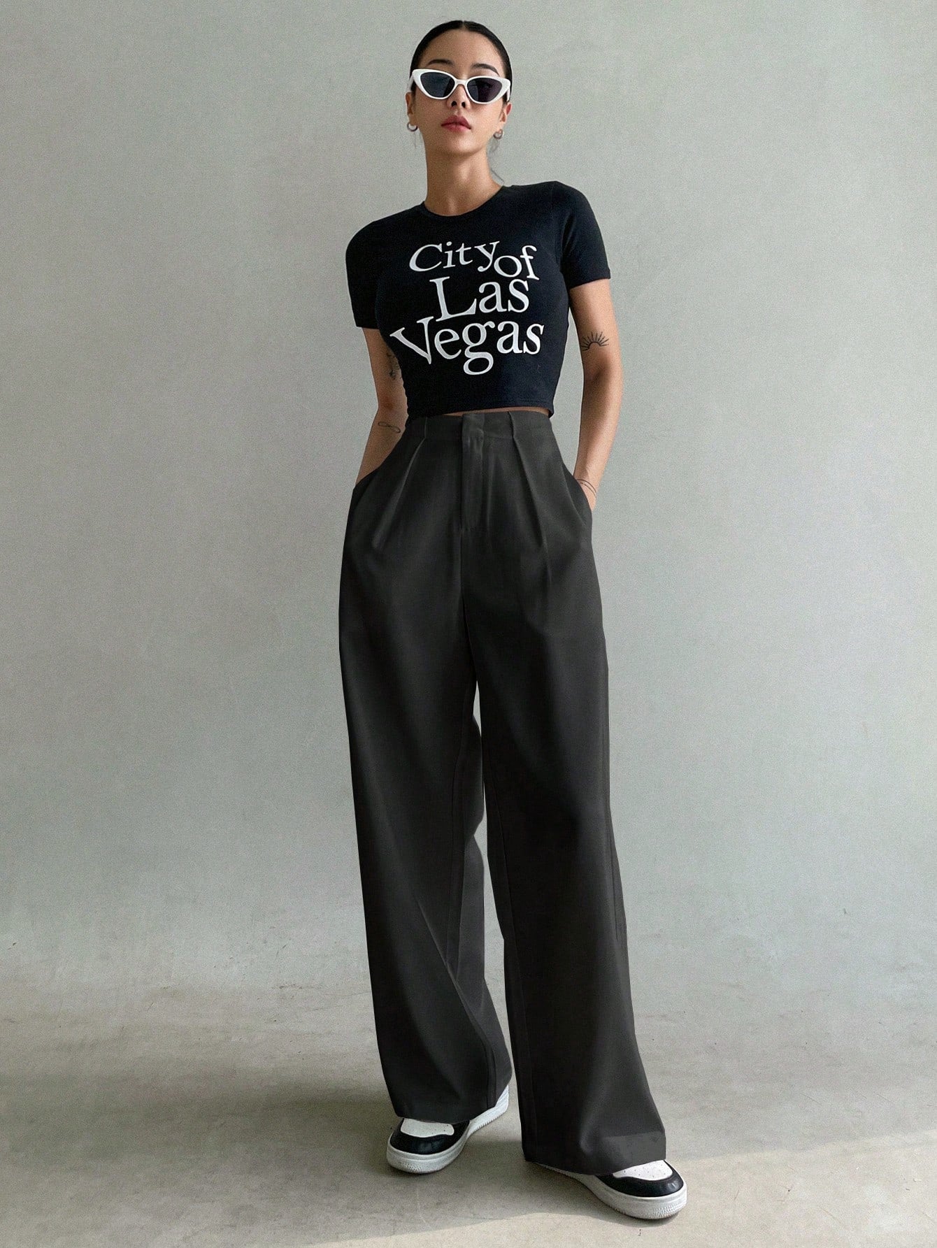 Maxct Solid Slant Pocket Wide Leg Suit Pants