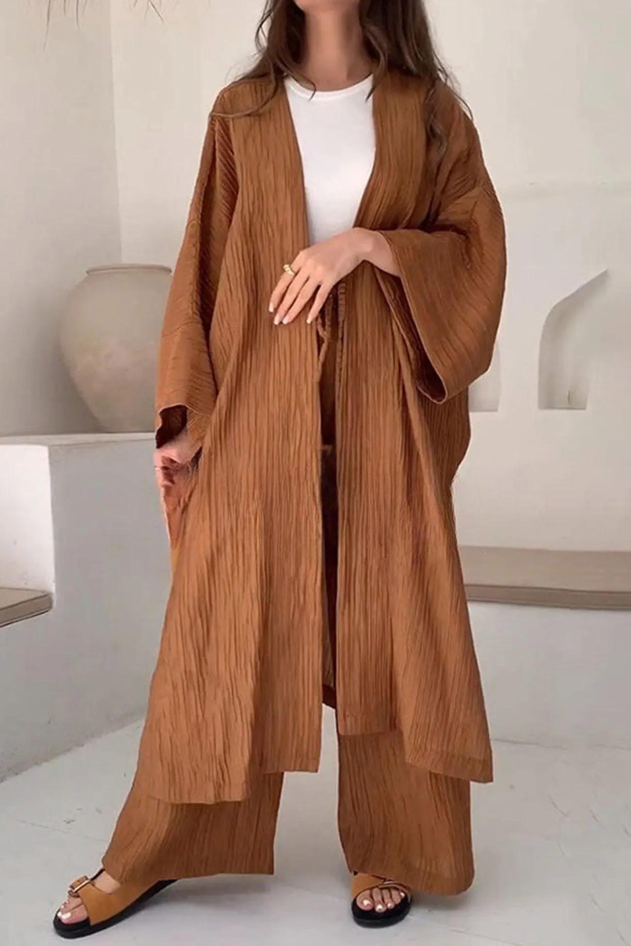 OLCooL Wrinkled Texture Open Front Cardigan Suits