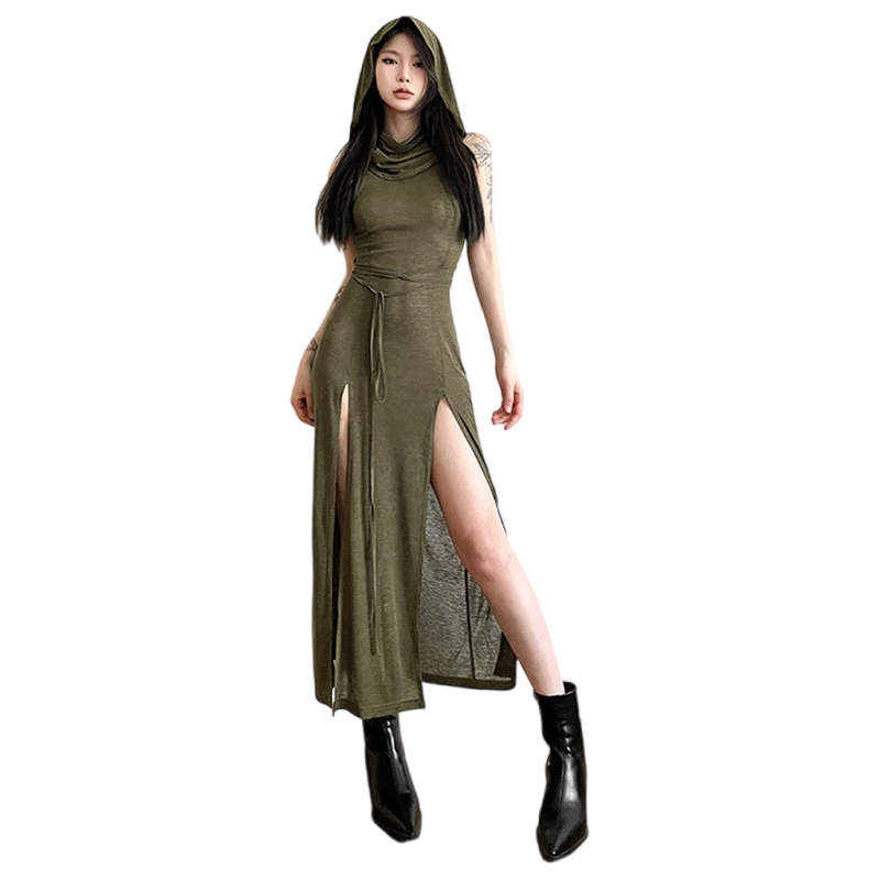 Wasteland Punk Dress y2k Solid Color Sleeveless Hollow Out Back Side Slit Hooded Dress 2000s Grunge Party Dresses