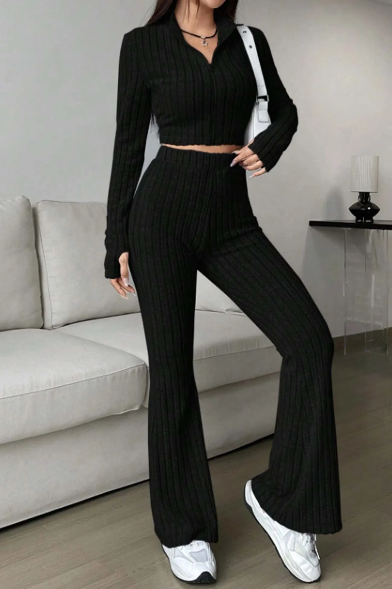 Maxct Zip Long Sleeve Ribbed Flared Pants Set