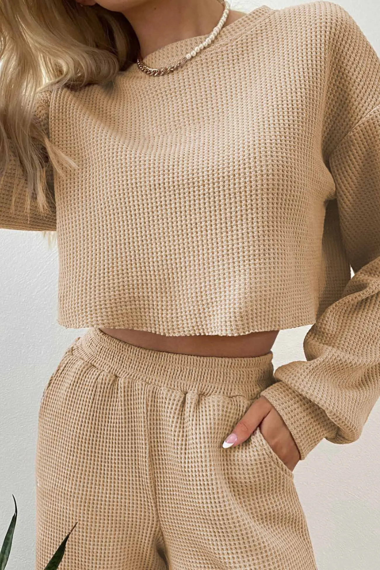 Maxct Waffle Solid Sweatshirt Long Pants Set