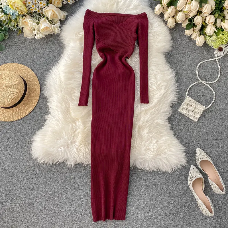 Maxct Slash Neck Knitted Dress Women Sexy Off Shoulder Cross Elastic Warm Dress Autumn Winter Fashion Sweater Bodycon Dress