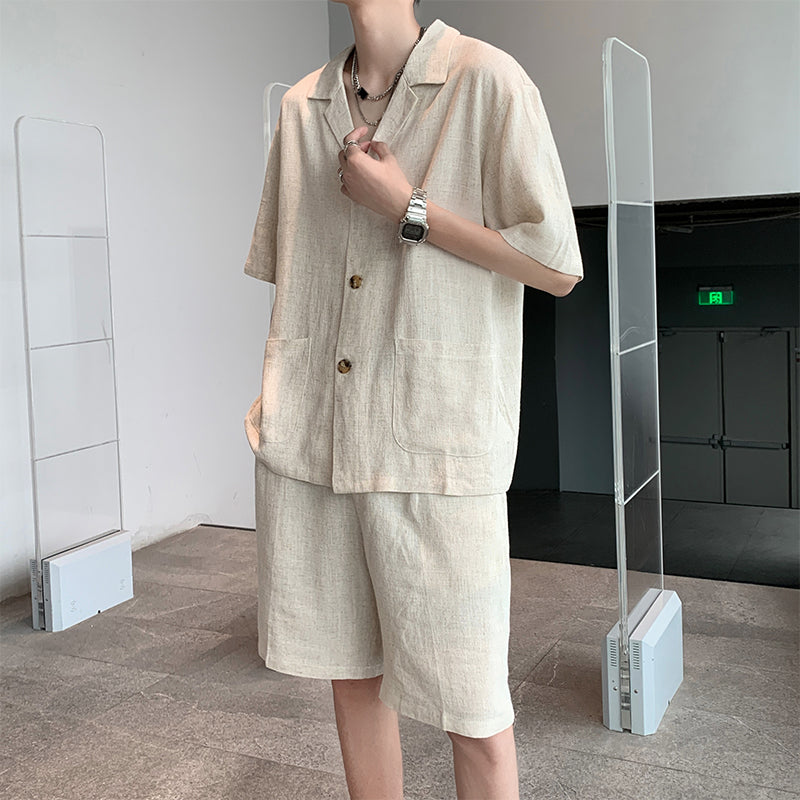 Maxct Vintage Cotton Linen Shirt Shorts Two-Piece Set