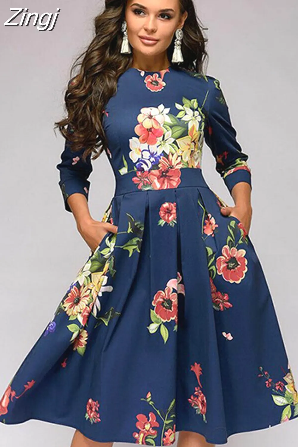 Maxct pleated tunic print dress women Elegant ladies A line dresses Long sleeve female autumn mixi party dress vestidos