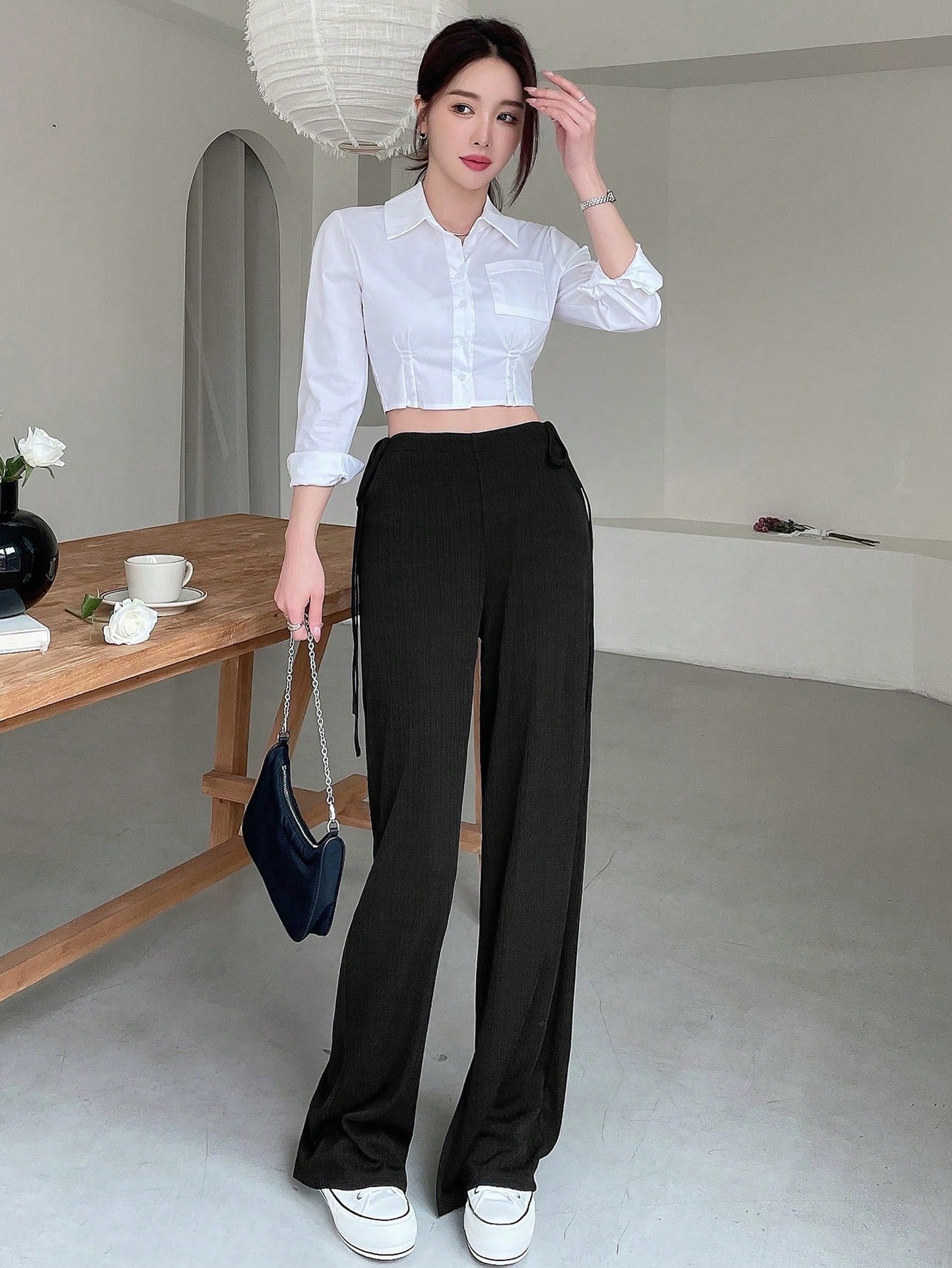 Maxct Women Double-Sided Hollow Out Design Sense Drawstring Suit Pants