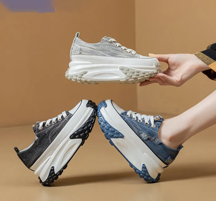 Blinged Out: 6cm Denim Leather Chunky Platform Sneakers - true deals club