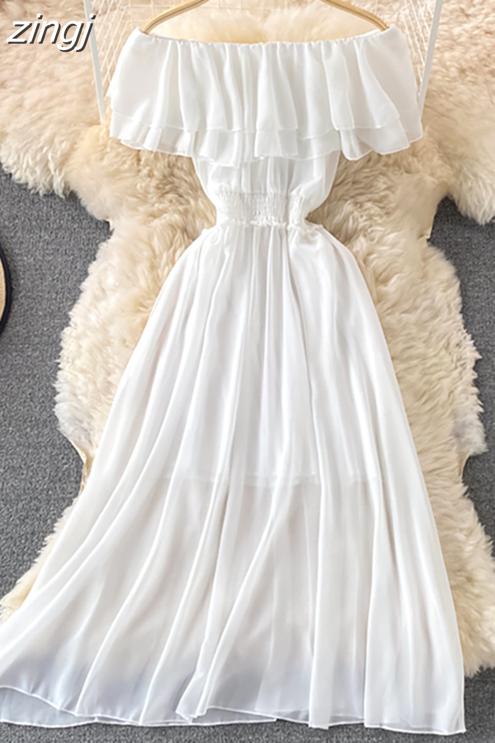 Maxct Chiffon Dress Women Sexy Slash Neck Ruffle Robe Elegant Ruffle High Waist Vestidos Female Beach Vacation New