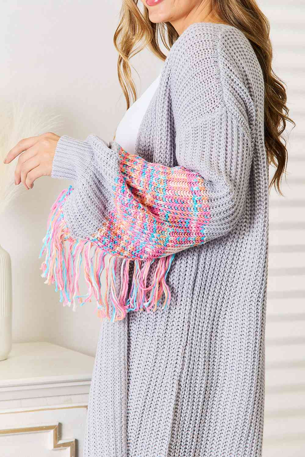 Maxct &Woven Right Fringe Sleeve Dropped Shoulder Cardigan