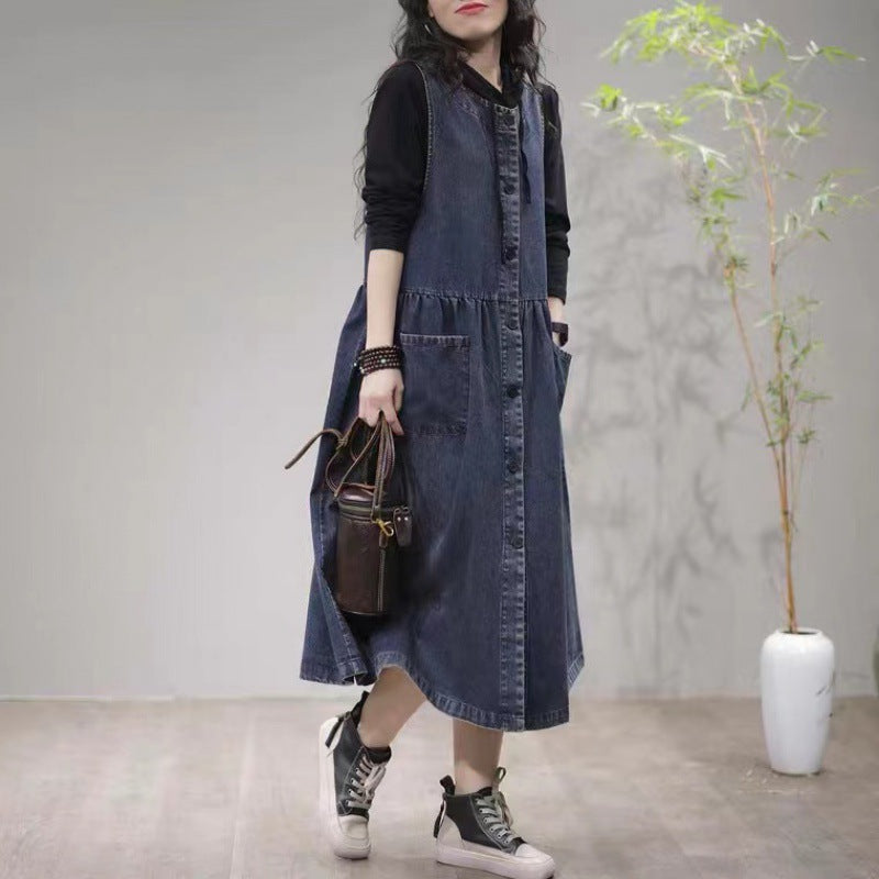 Casual Fashion Ruched Pockets Sleeveless Denim Midi Dresses