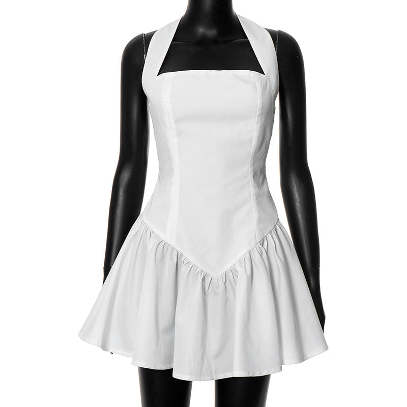 Maxct Frill Mini Halter Dress For Women Splice Sexy Backless A-Line Hem Lace Up High Waisted Female Beach Black Bodycon Dress