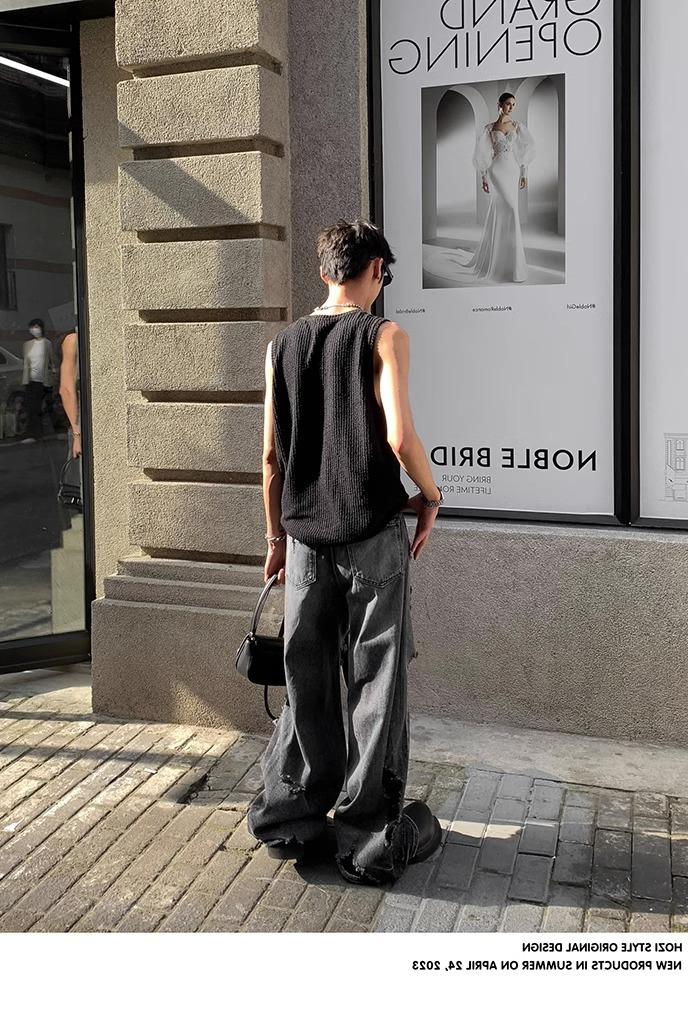 Maxct 90s Streetwear Solid Color Simple Vertical Stripe Niche Retro Round Neck Vest Men's Summer New Casual All-match Sleeveless T-shirt