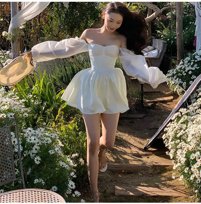 Voguable White Bubble Sleeve Dress Niche Design Pure Princess Skirt Girl Elegantes Party Prom Vintage Evening Y2k Maxct