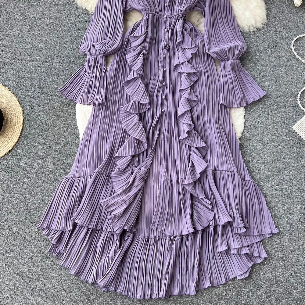 Chiffon Pleated Long Dress Women Vintage V-Neck Flare Sleeve Draped Ruffle Vestido Female Maxi Robe Spring Fall 1215-1