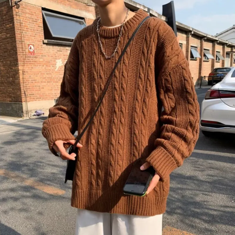 Pullover sweater men autumn winter pure color simple retro crewneck sweater lazy wind twist thread coat